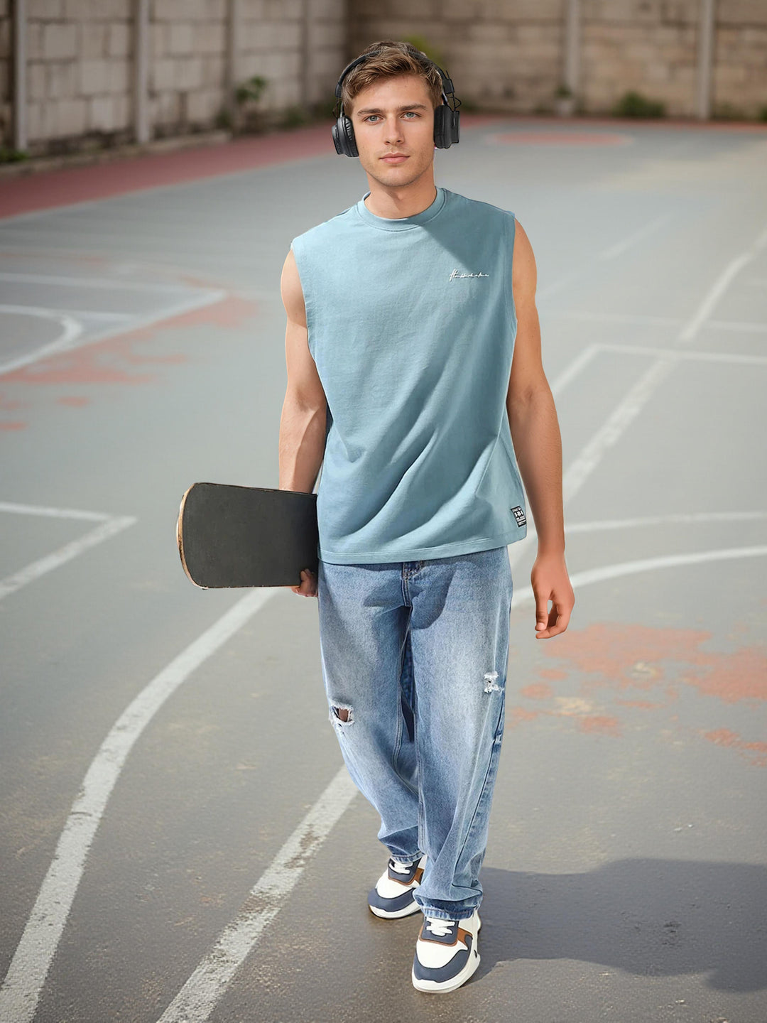 Hubberholme Men Cotton Solid Oversized Crew Neck No Sleeves Tshirts