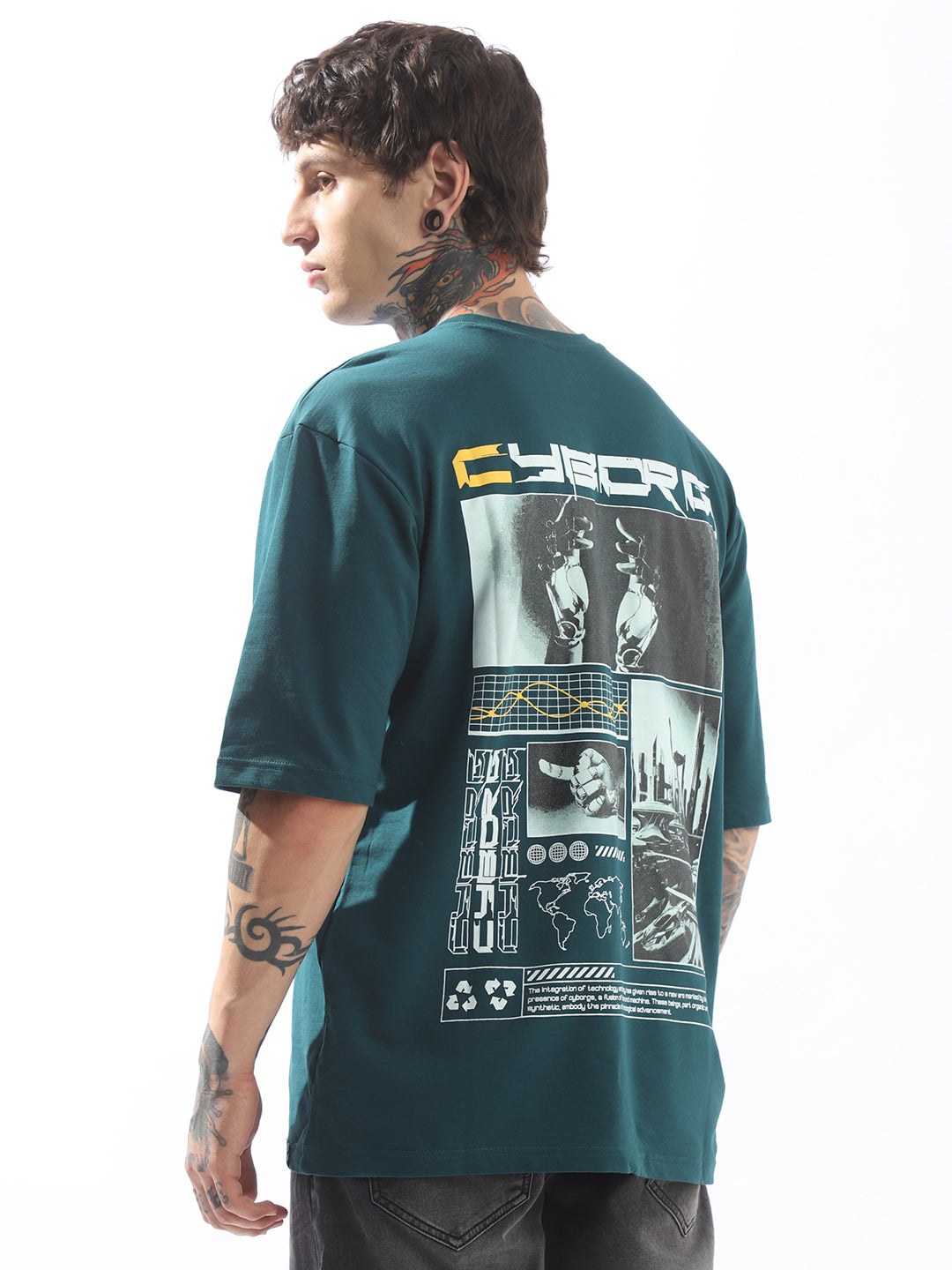 Hubberholme Men Cyborg Graphic Printed Round Neck Cotton Oversized T-shirt