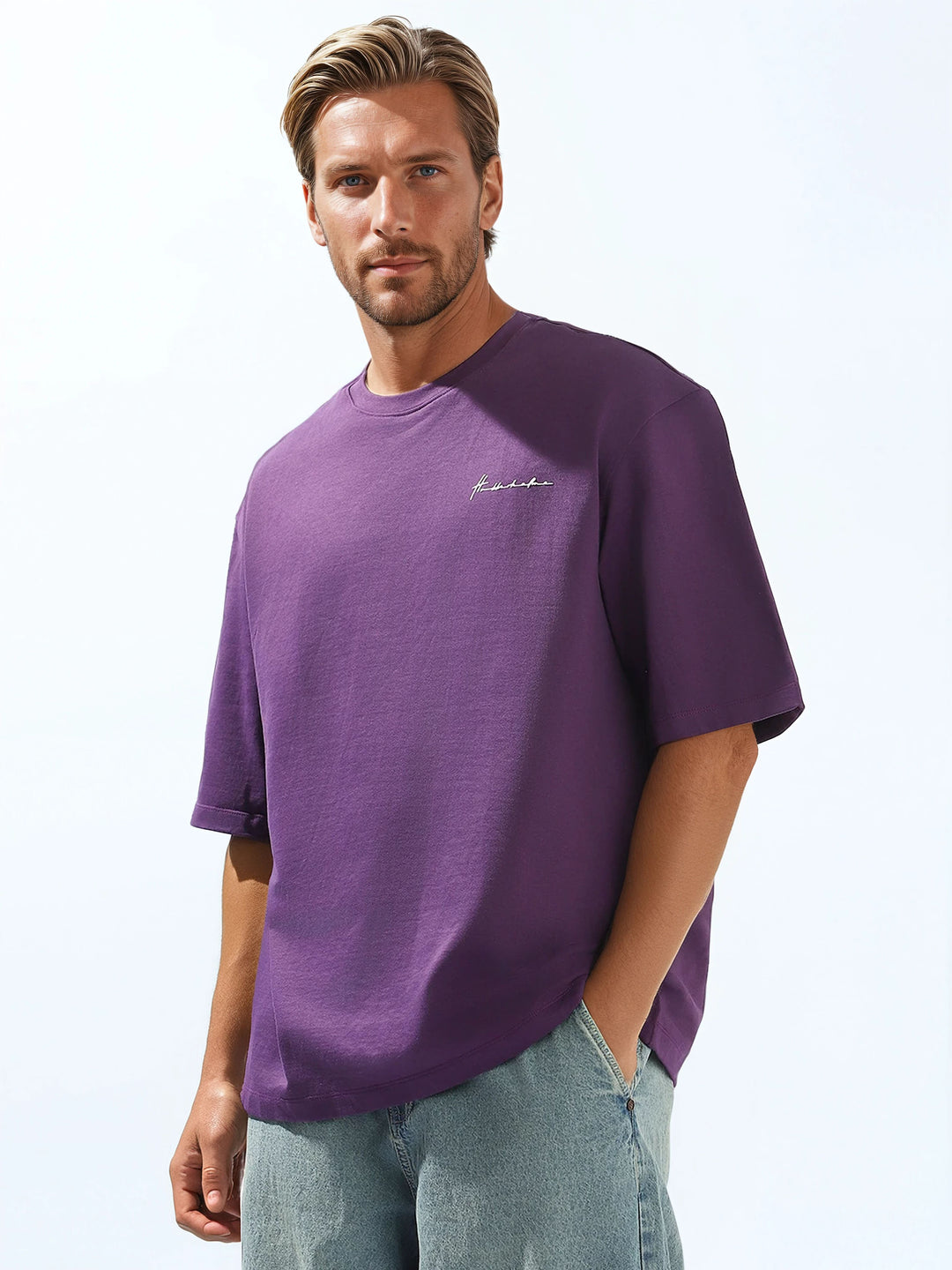 Hubberholme Men Cotton Solid Oversized Crew Neck Half Sleeves Tshirts