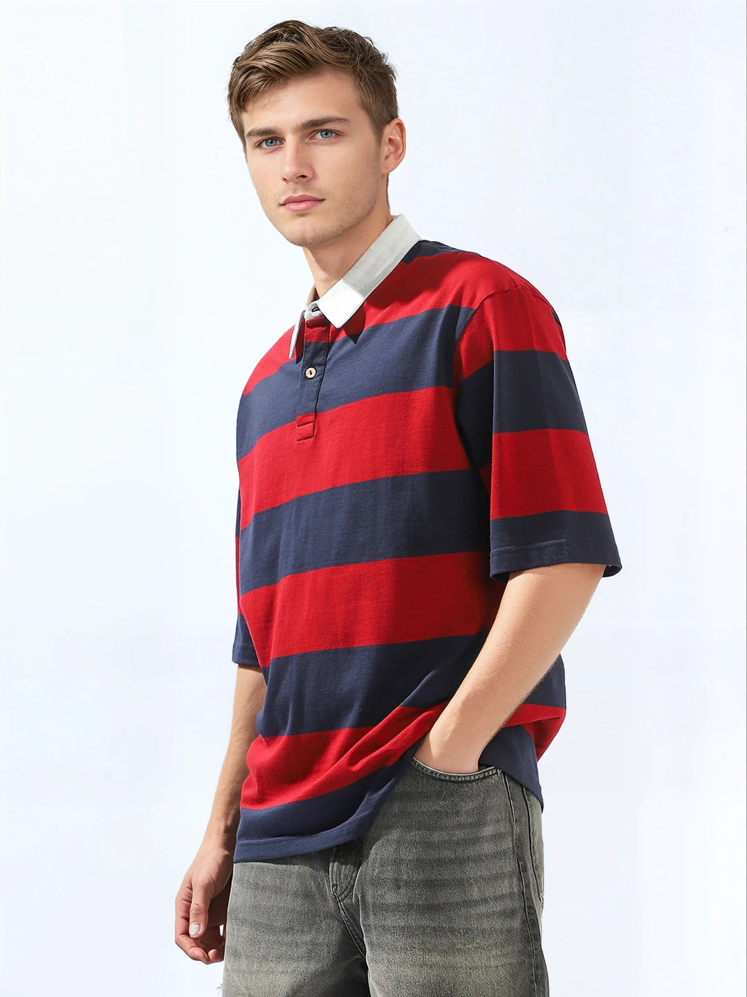 Hubberholme Men Cotton Strip Oversized Spread Collar Halfsleeve Tshirts