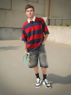 Hubberholme Men Cotton Strip Oversized Spread Collar Halfsleeve Tshirts