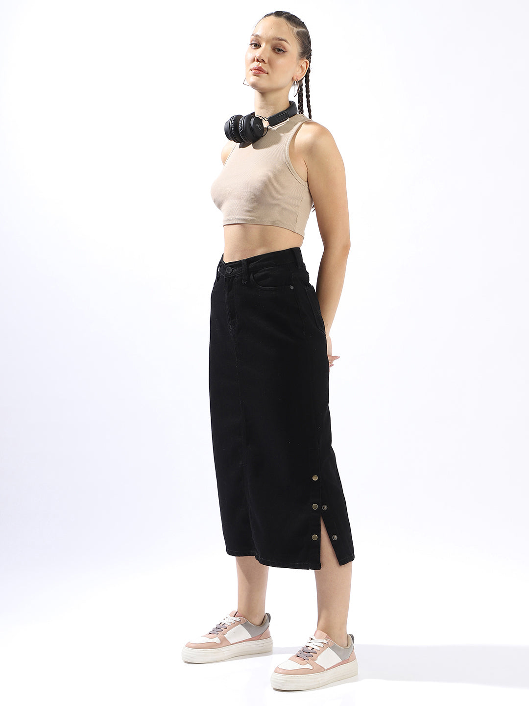 Hubberholme Women Washed Pencil  Midi High-Rise Straight Skirts