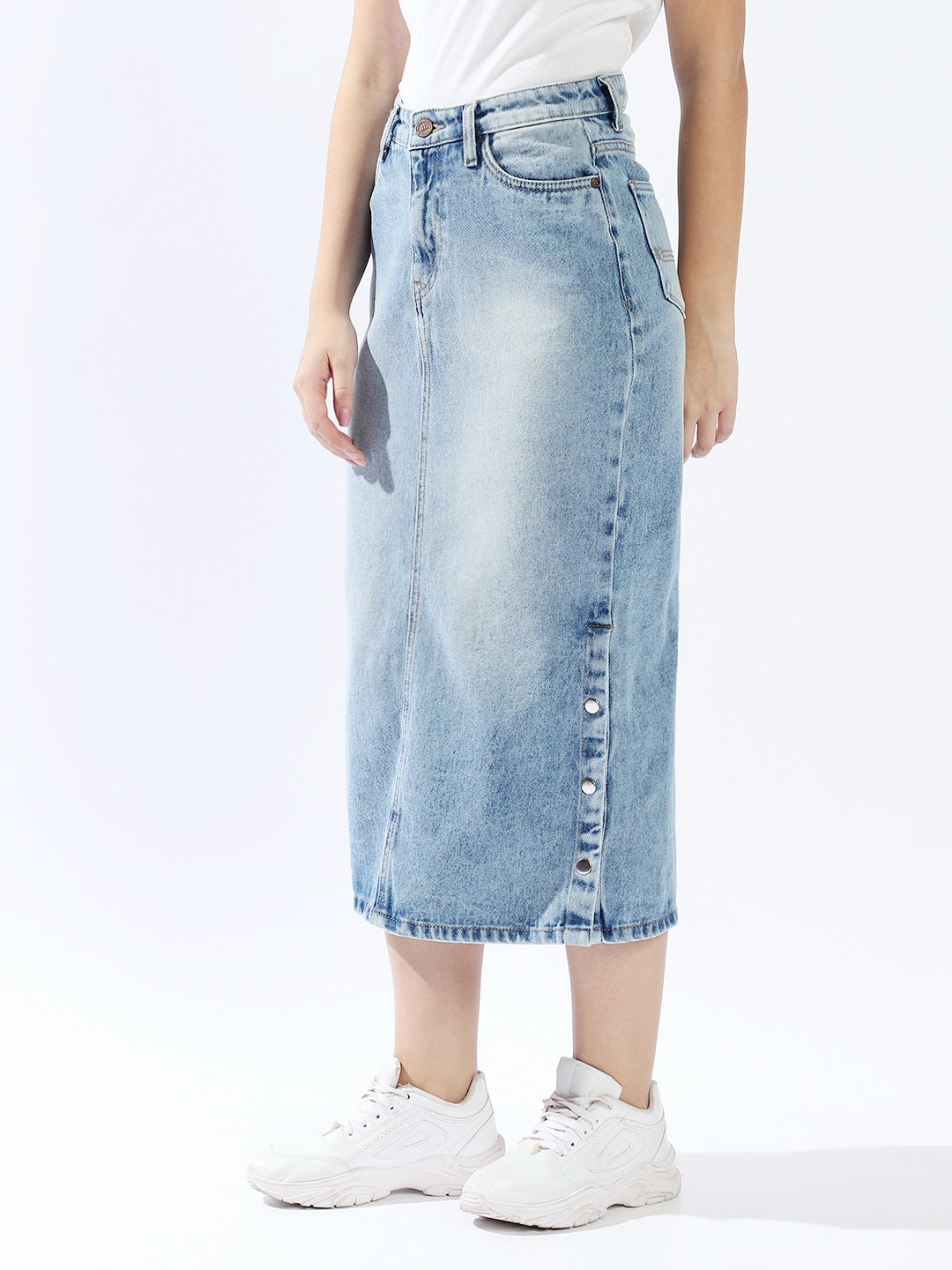 Hubberholme Women Washed Midi Pencil  High-Rise Denim Skirt