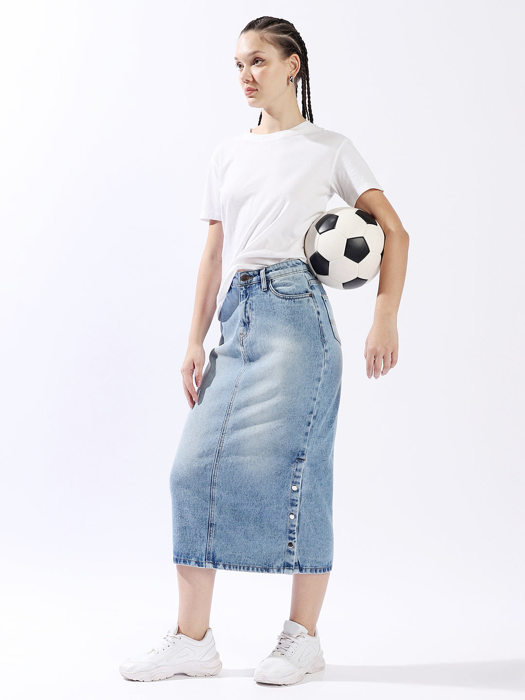 Hubberholme Women Washed Midi Pencil  High-Rise Denim Skirt