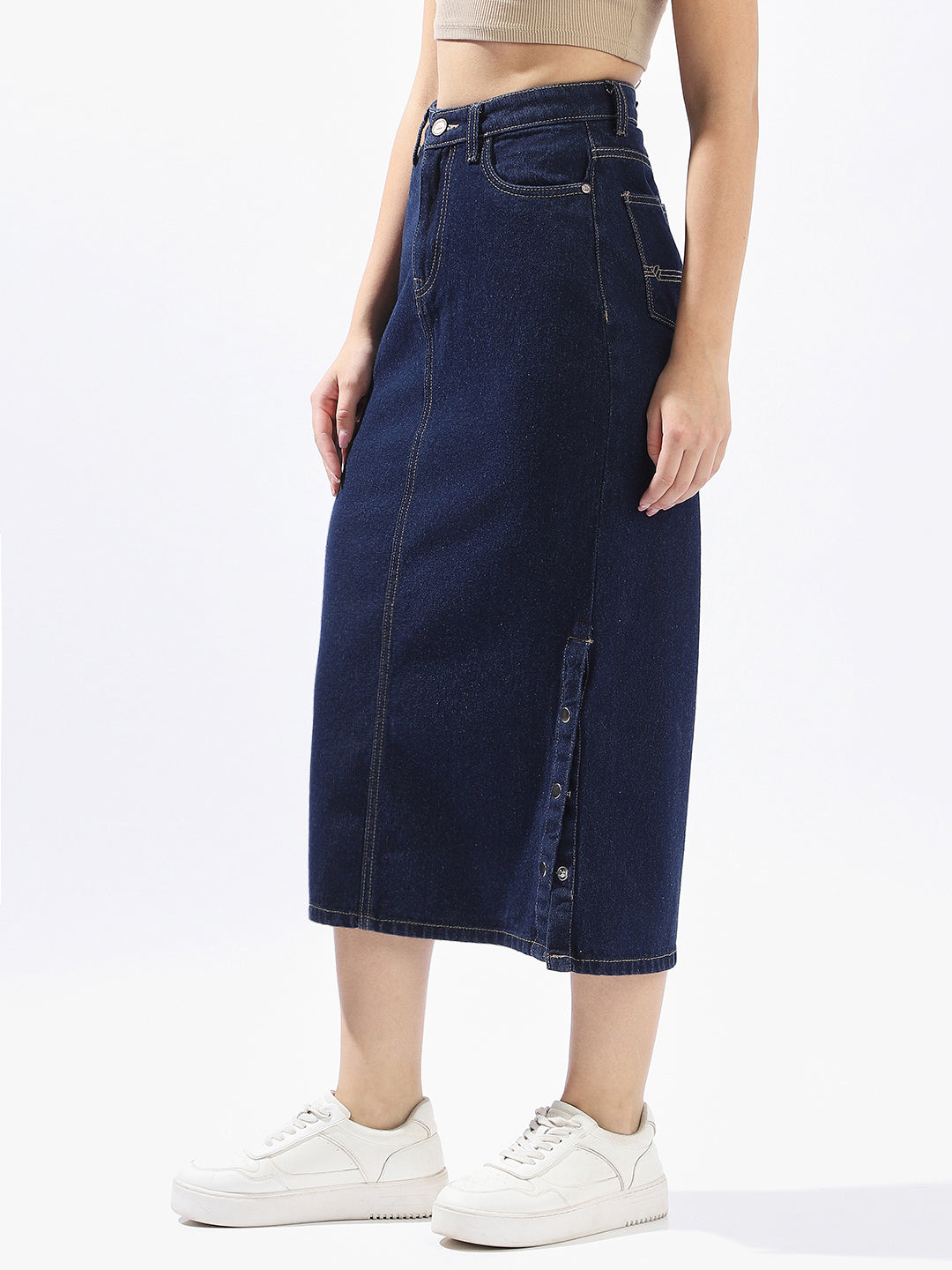 Hubberholme Women Washed Pencil  Midi High-Rise Straight Skirts