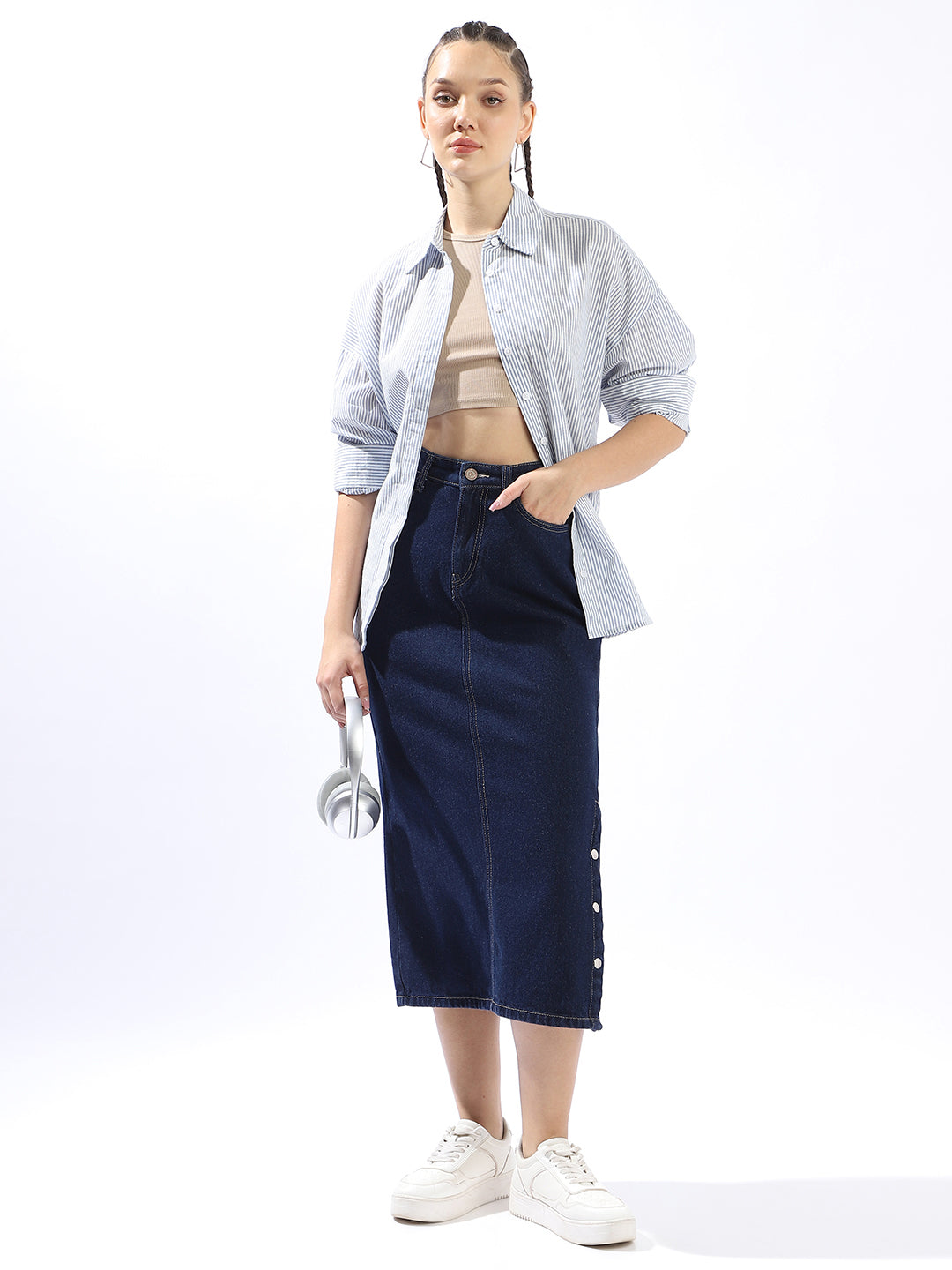 Hubberholme Women Washed Pencil  Midi High-Rise Straight Skirts