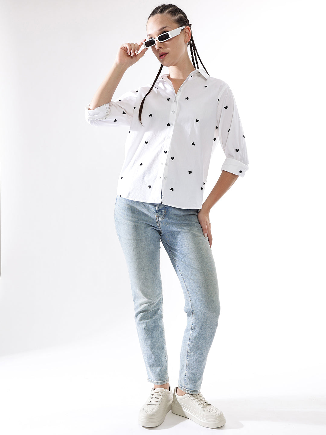Hubberholme Women Embroidery Heart Shape Spread Collar Oversized Shirt