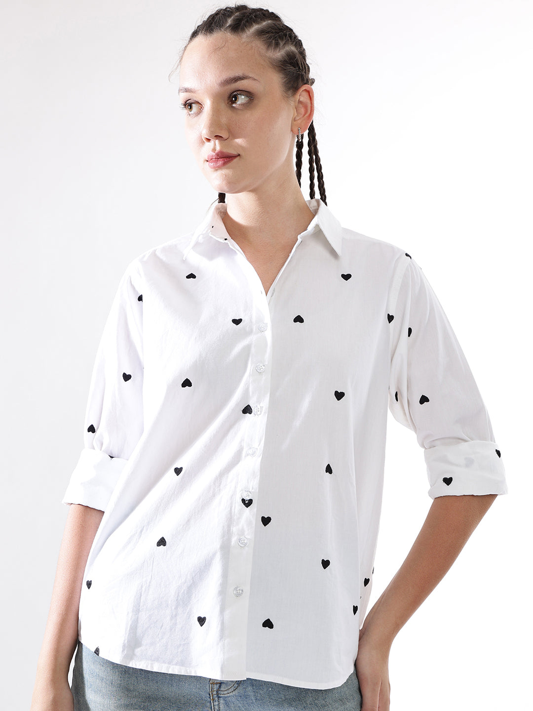 Hubberholme Women Embroidery Heart Shape Spread Collar Oversized Shirt