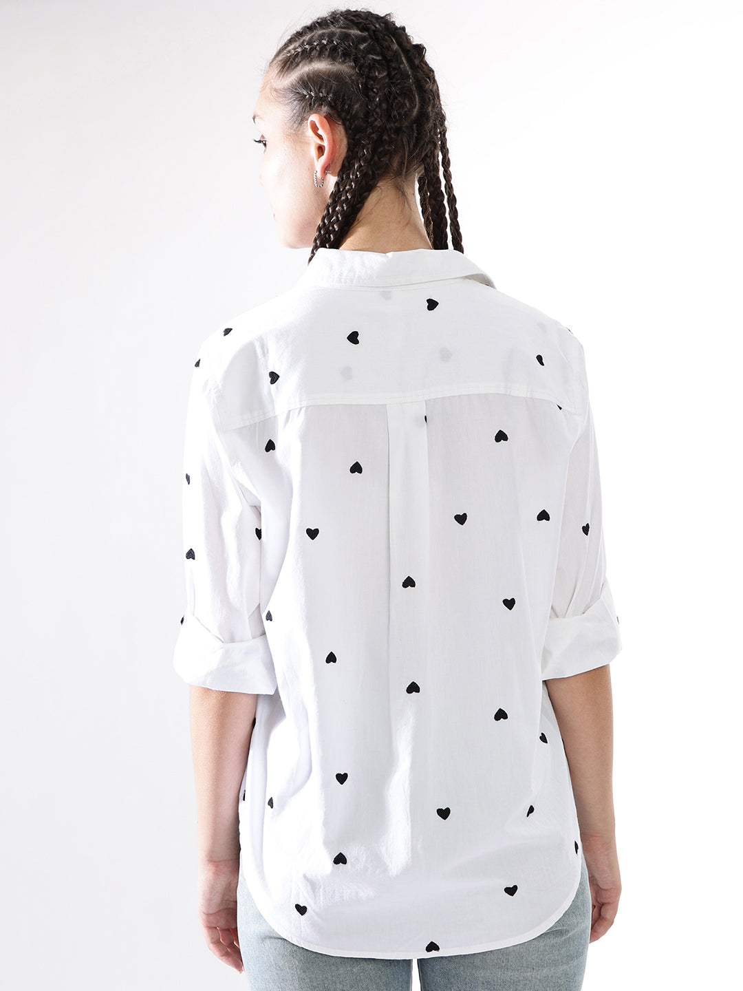 Hubberholme Women Embroidery Heart Shape Spread Collar Oversized Shirt