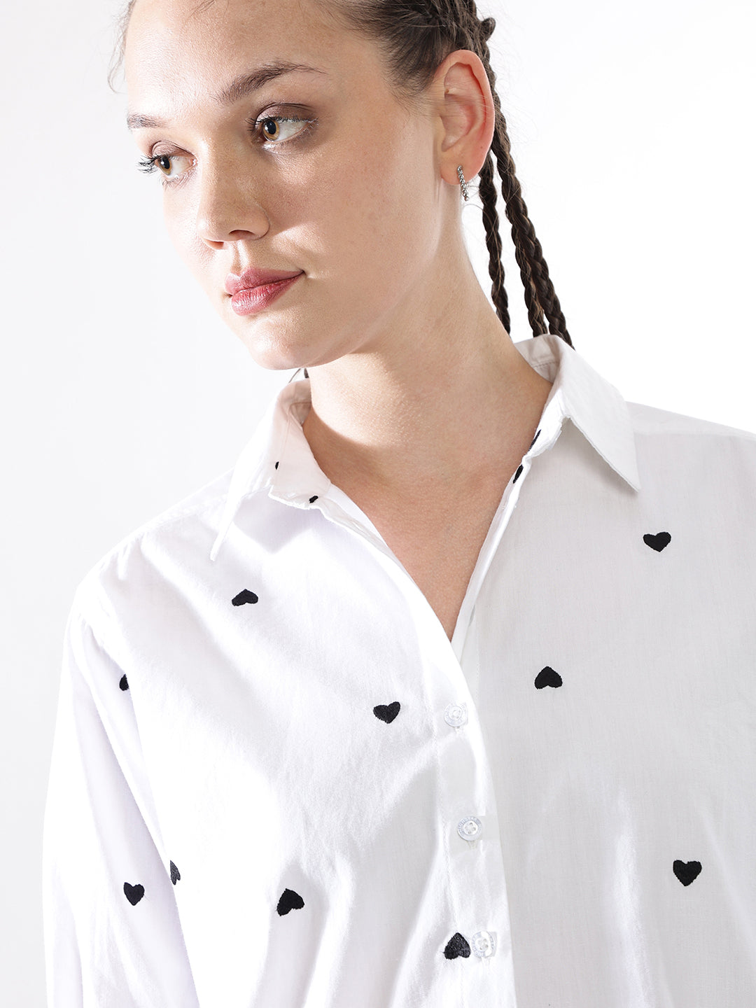 Hubberholme Women Embroidery Heart Shape Spread Collar Oversized Shirt