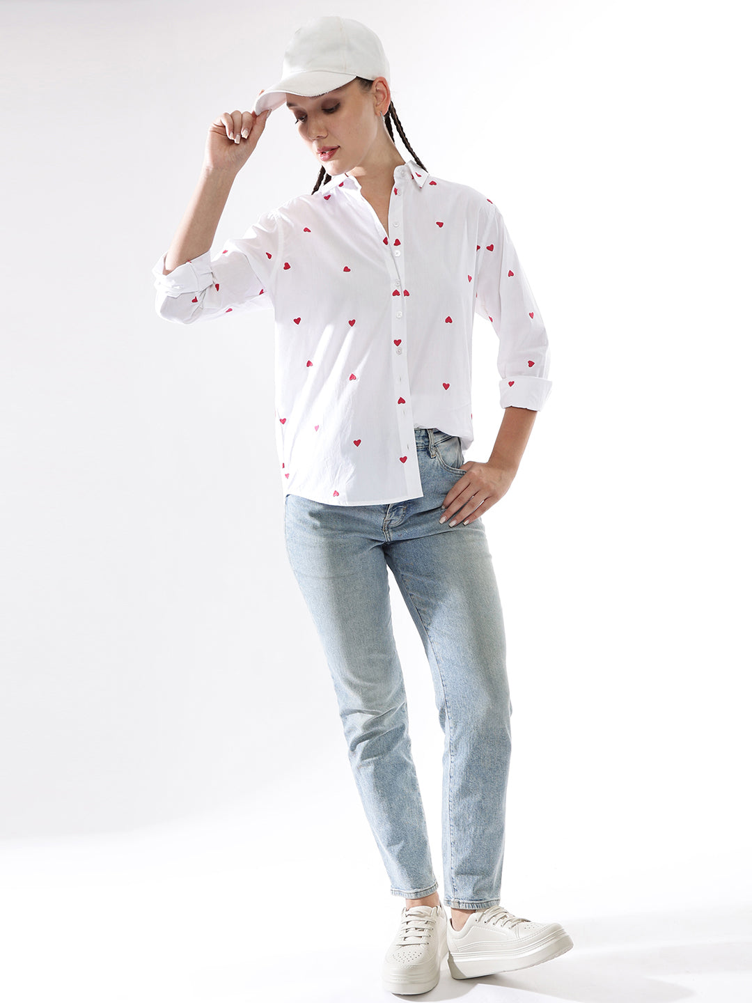 Hubberholme Women Embroidery Heart Shape Spread Collar Oversized Shirt