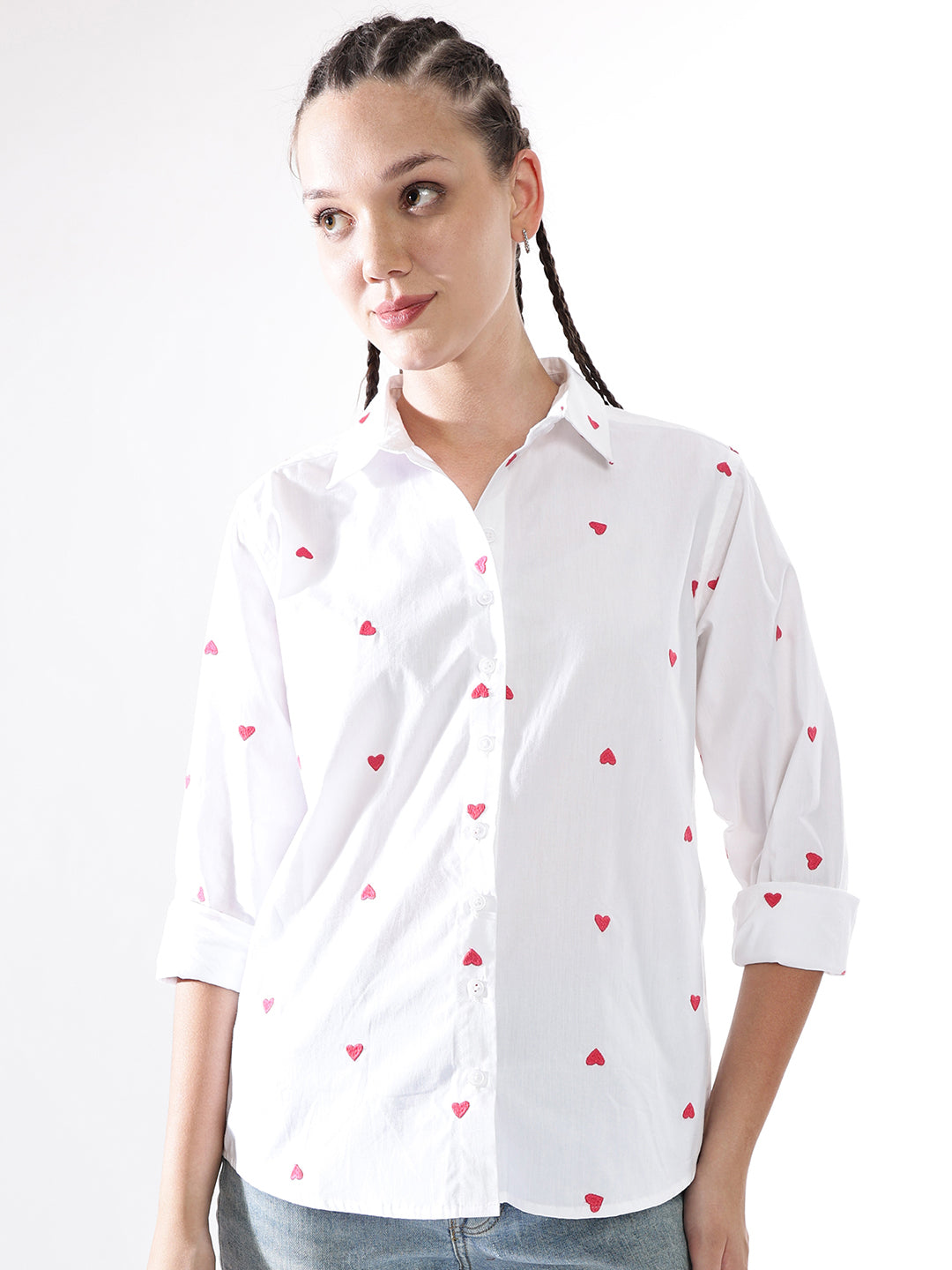 Hubberholme Women Embroidery Heart Shape Spread Collar Oversized Shirt