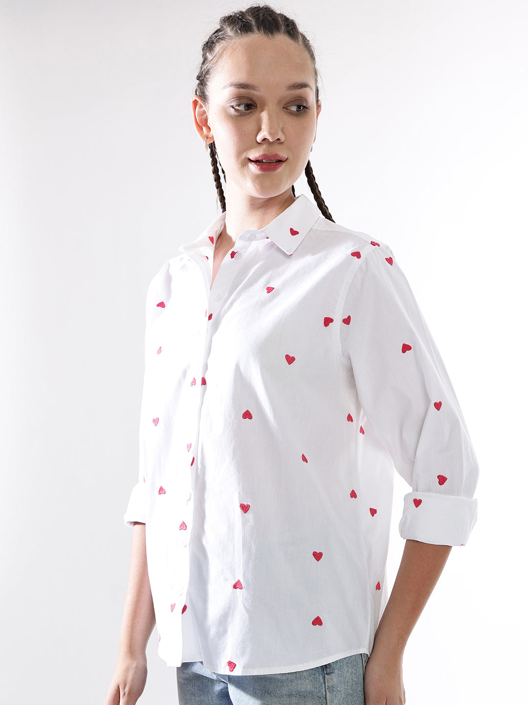 Hubberholme Women Embroidery Heart Shape Spread Collar Oversized Shirt