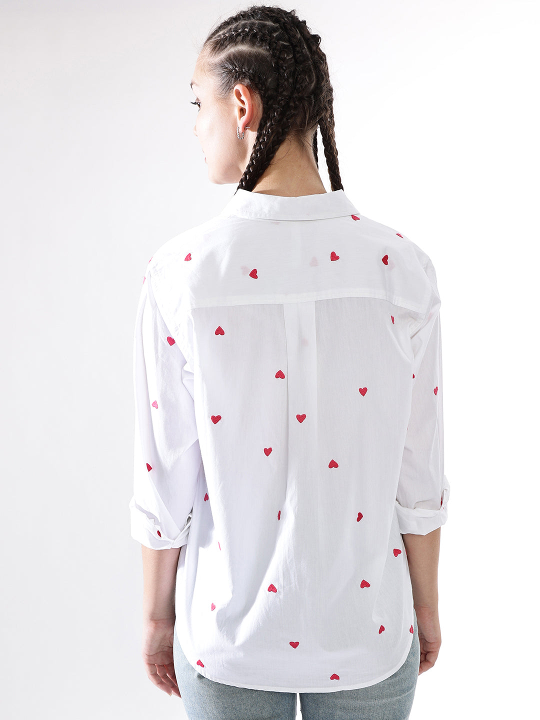 Hubberholme Women Embroidery Heart Shape Spread Collar Oversized Shirt