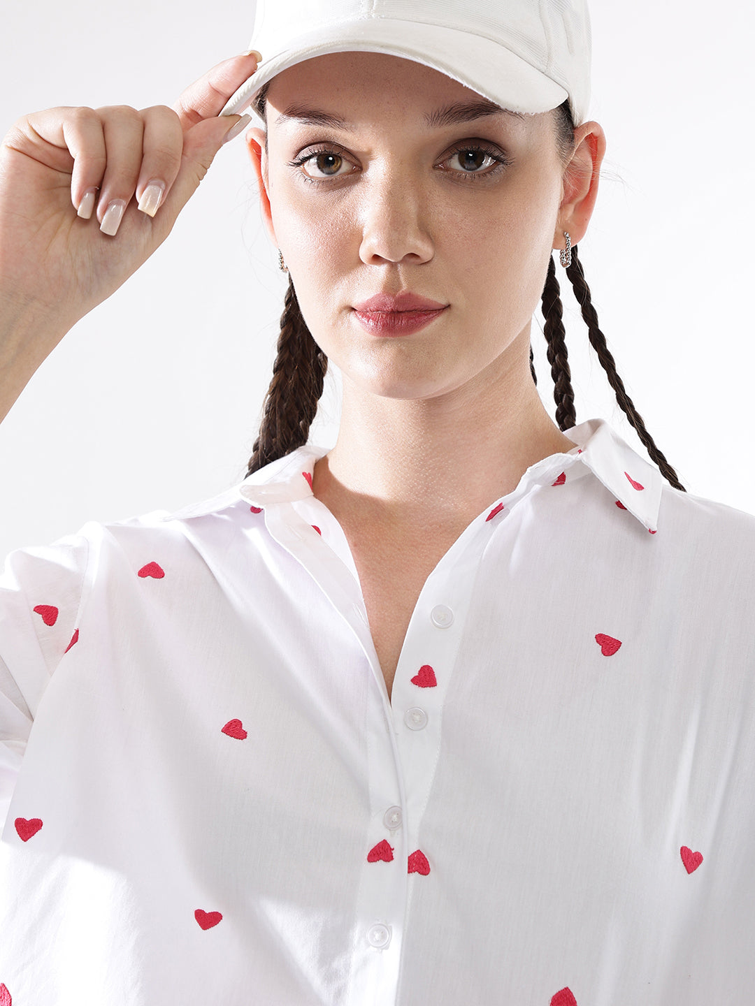 Hubberholme Women Embroidery Heart Shape Spread Collar Oversized Shirt