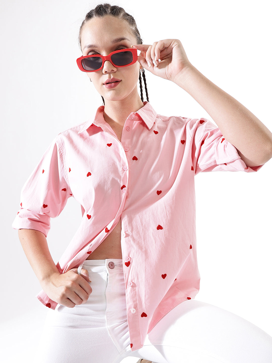 Hubberholme Women Embroidery Heart Shape Spread Collar Oversized Shirt
