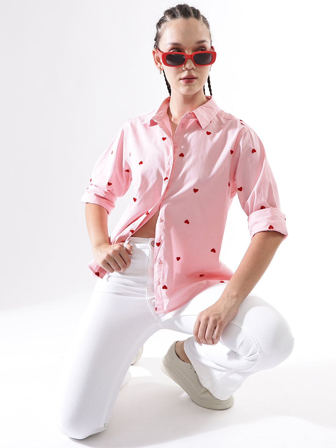 Hubberholme Women Embroidery Heart Shape Spread Collar Oversized Shirt
