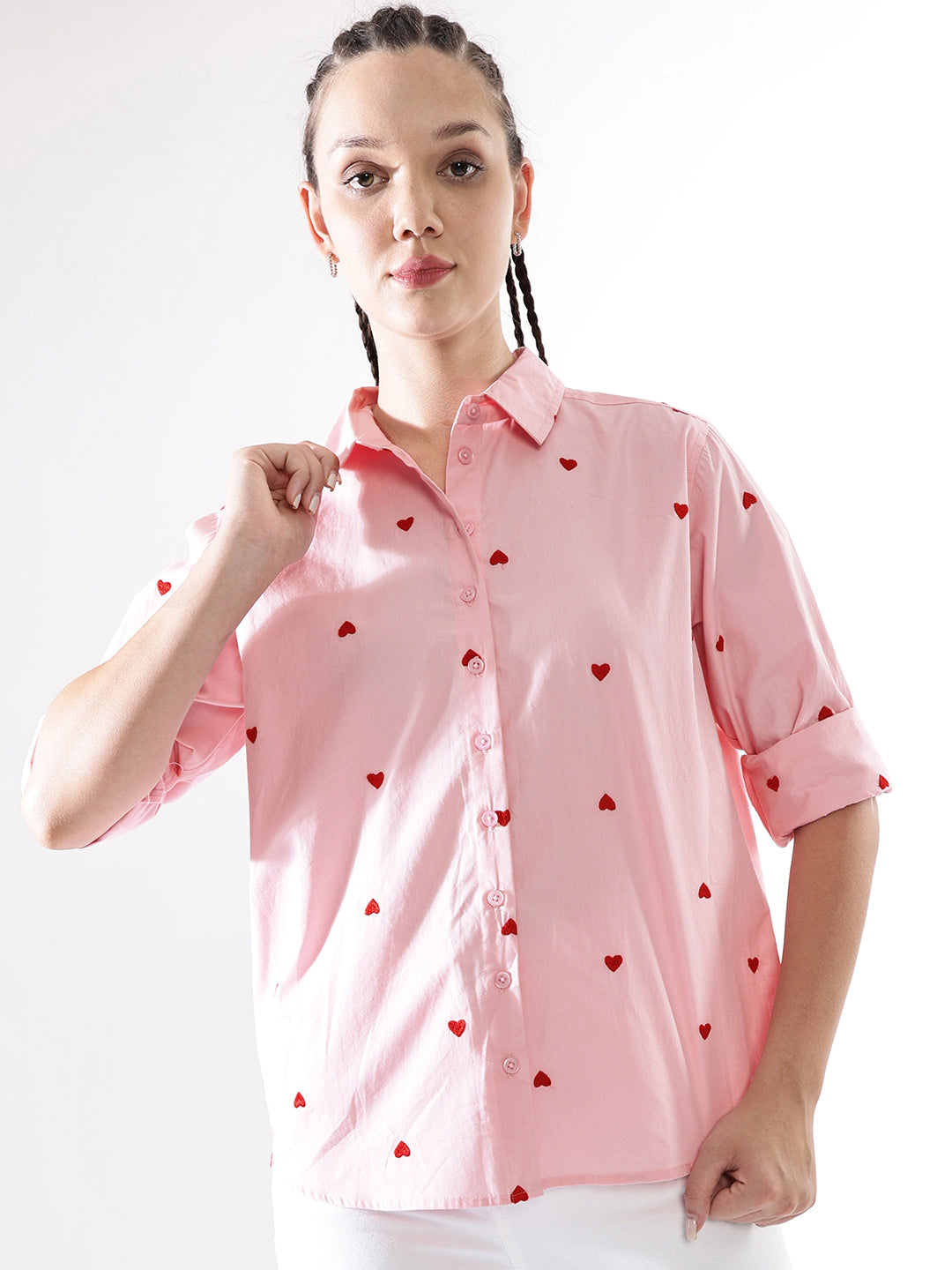 Hubberholme Women Embroidery Heart Shape Spread Collar Oversized Shirt