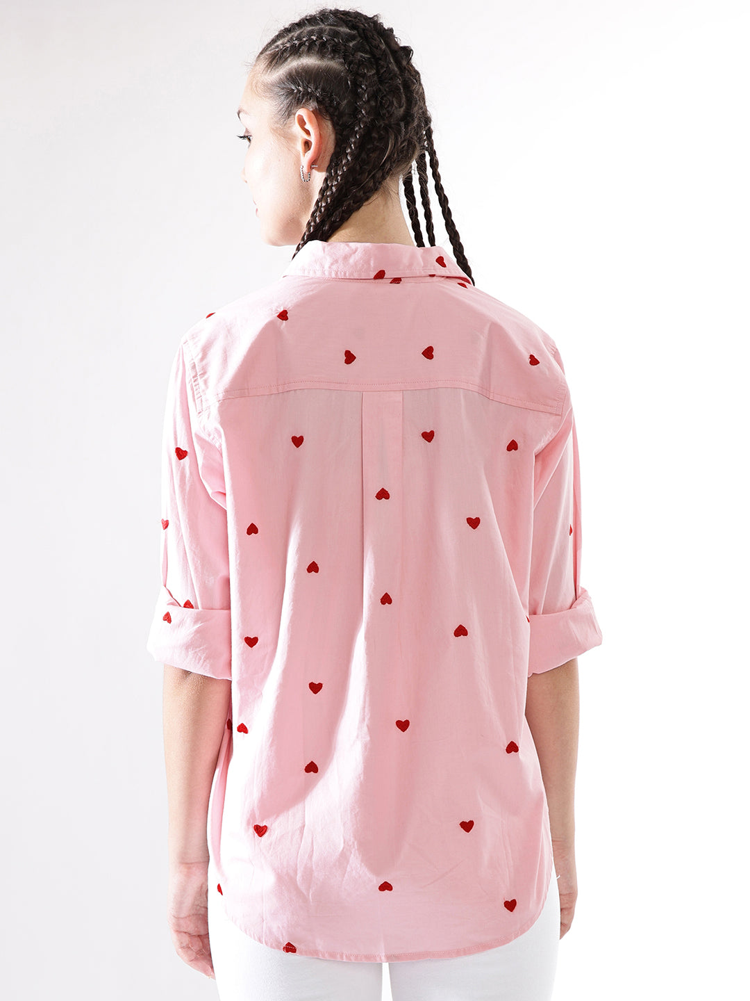 Hubberholme Women Embroidery Heart Shape Spread Collar Oversized Shirt