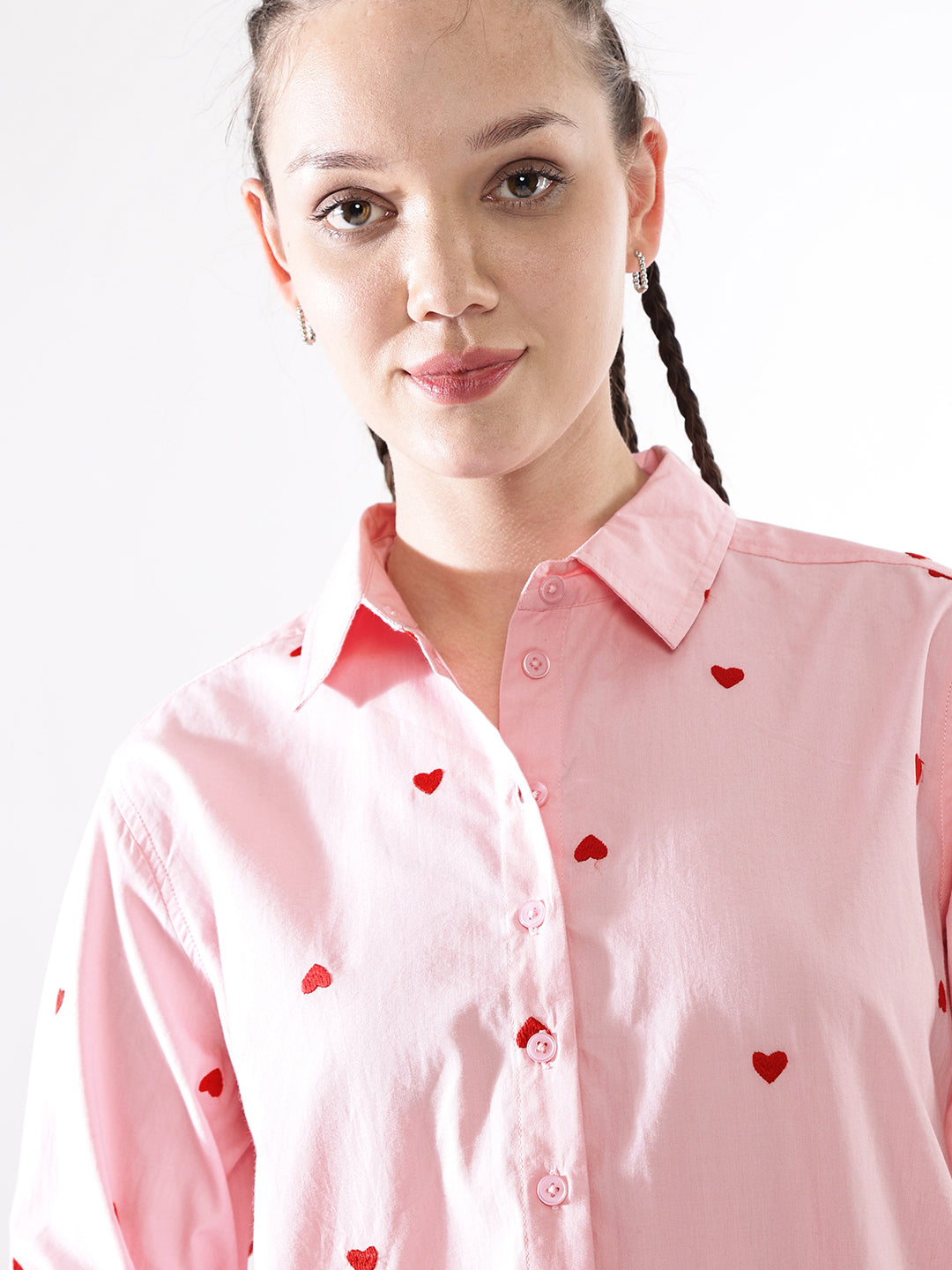 Hubberholme Women Embroidery Heart Shape Spread Collar Oversized Shirt
