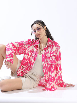 Hubberholme Women Comfort Oversized Fit Abstract Printed Spread Collar Casual Shirt