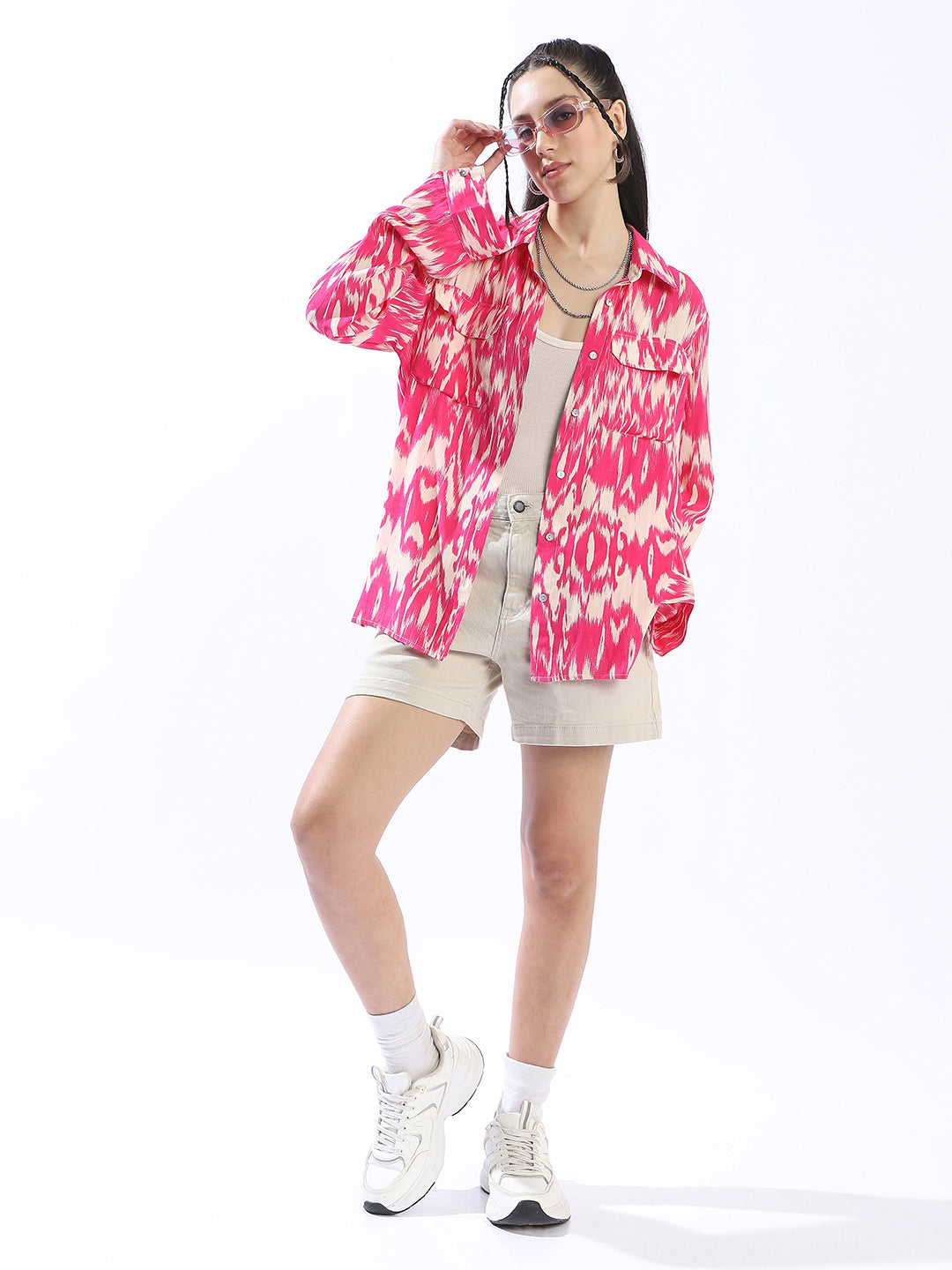Hubberholme Women Comfort Oversized Fit Abstract Printed Spread Collar Casual Shirt