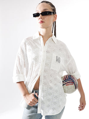 Hubberholme Women Schiffli Oversized  Spread collar Full Sleeve Shirts
