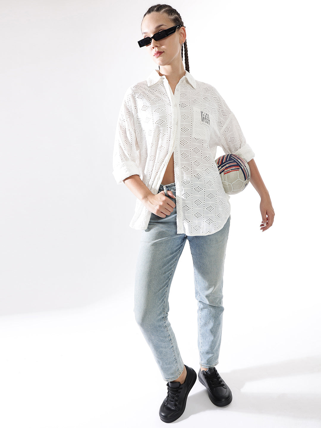 Hubberholme Women Schiffli Oversized  Spread collar Full Sleeve Shirts