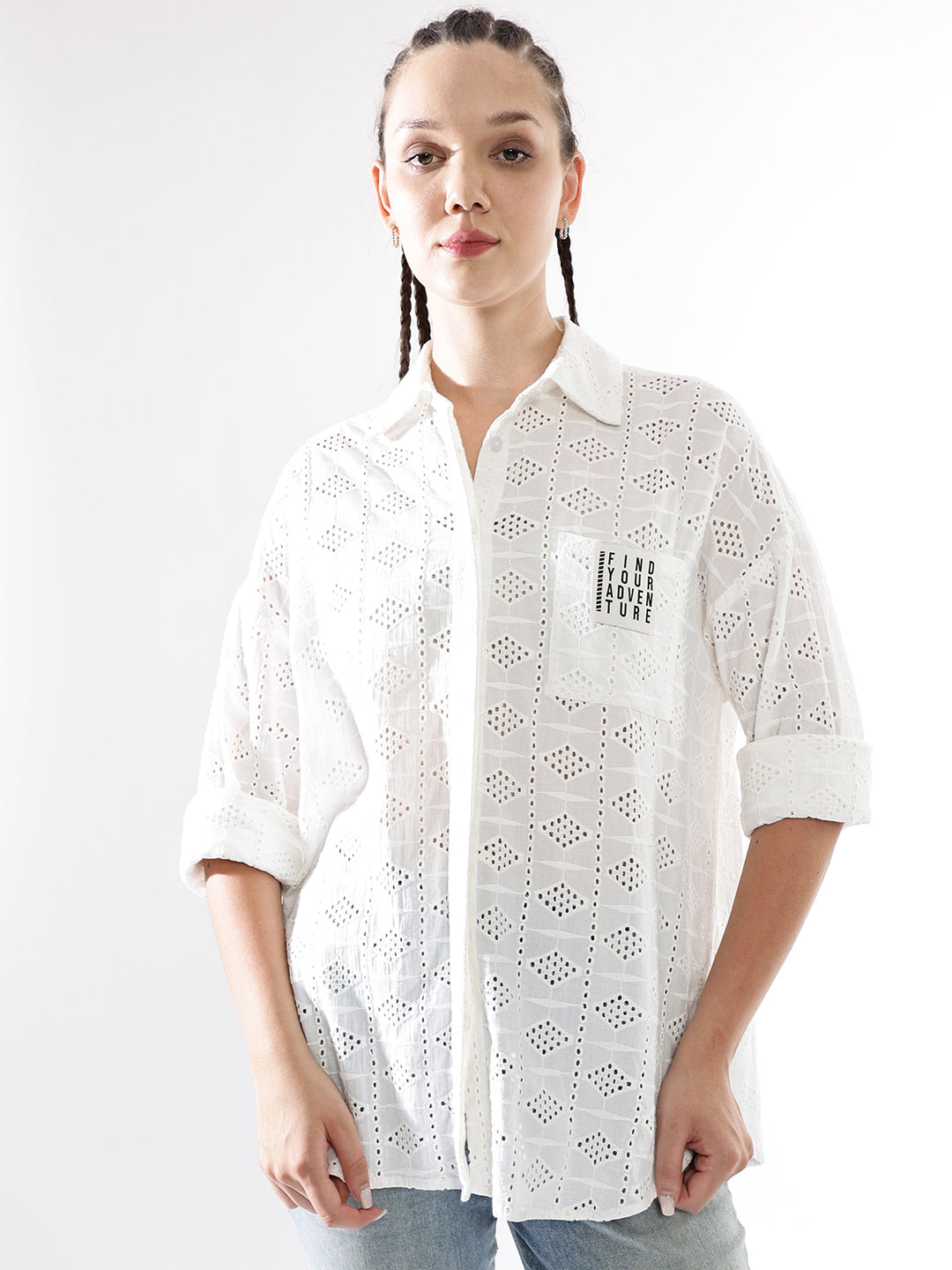 Hubberholme Women Schiffli Oversized  Spread collar Full Sleeve Shirts
