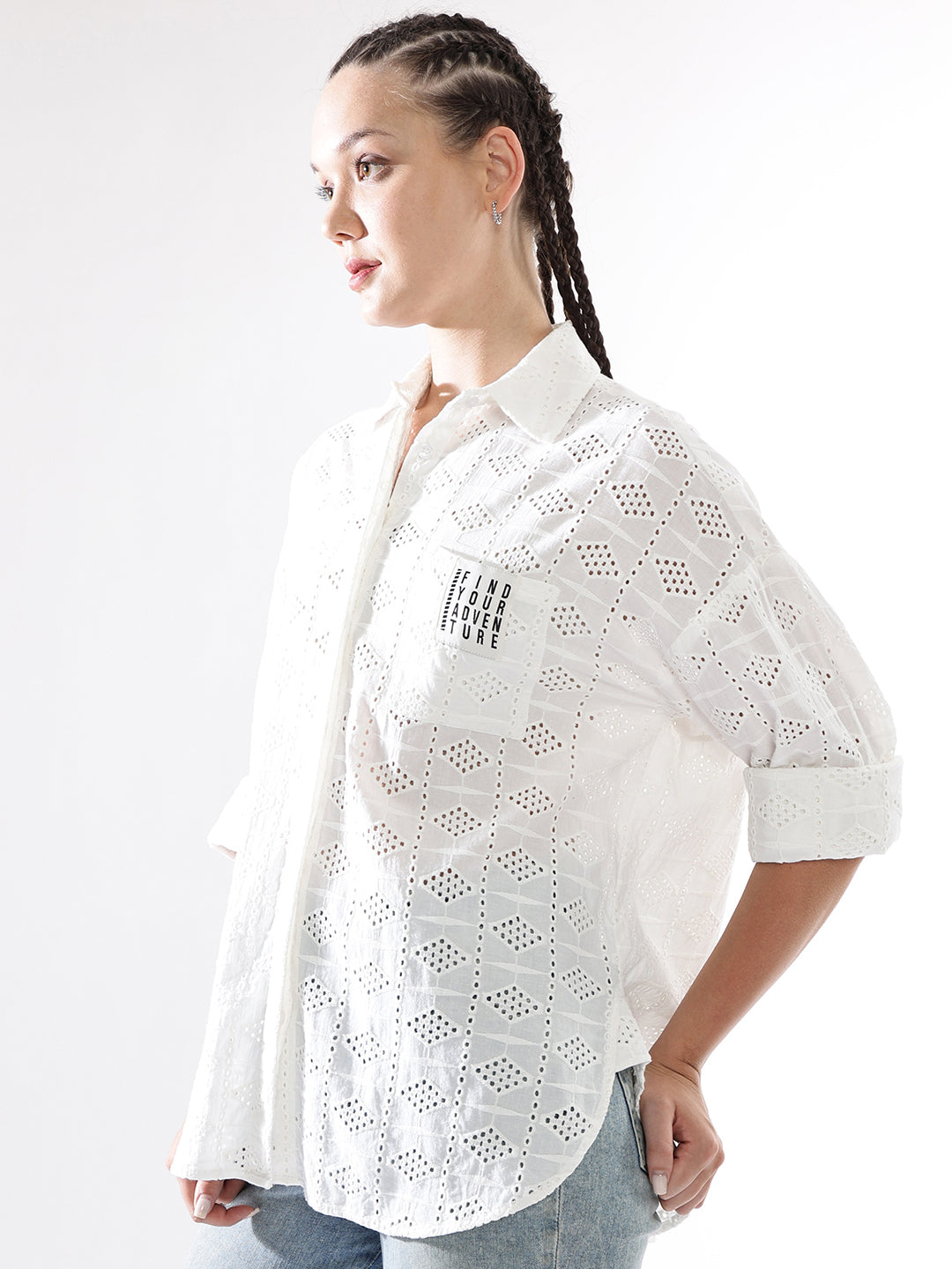 Hubberholme Women Schiffli Oversized  Spread collar Full Sleeve Shirts