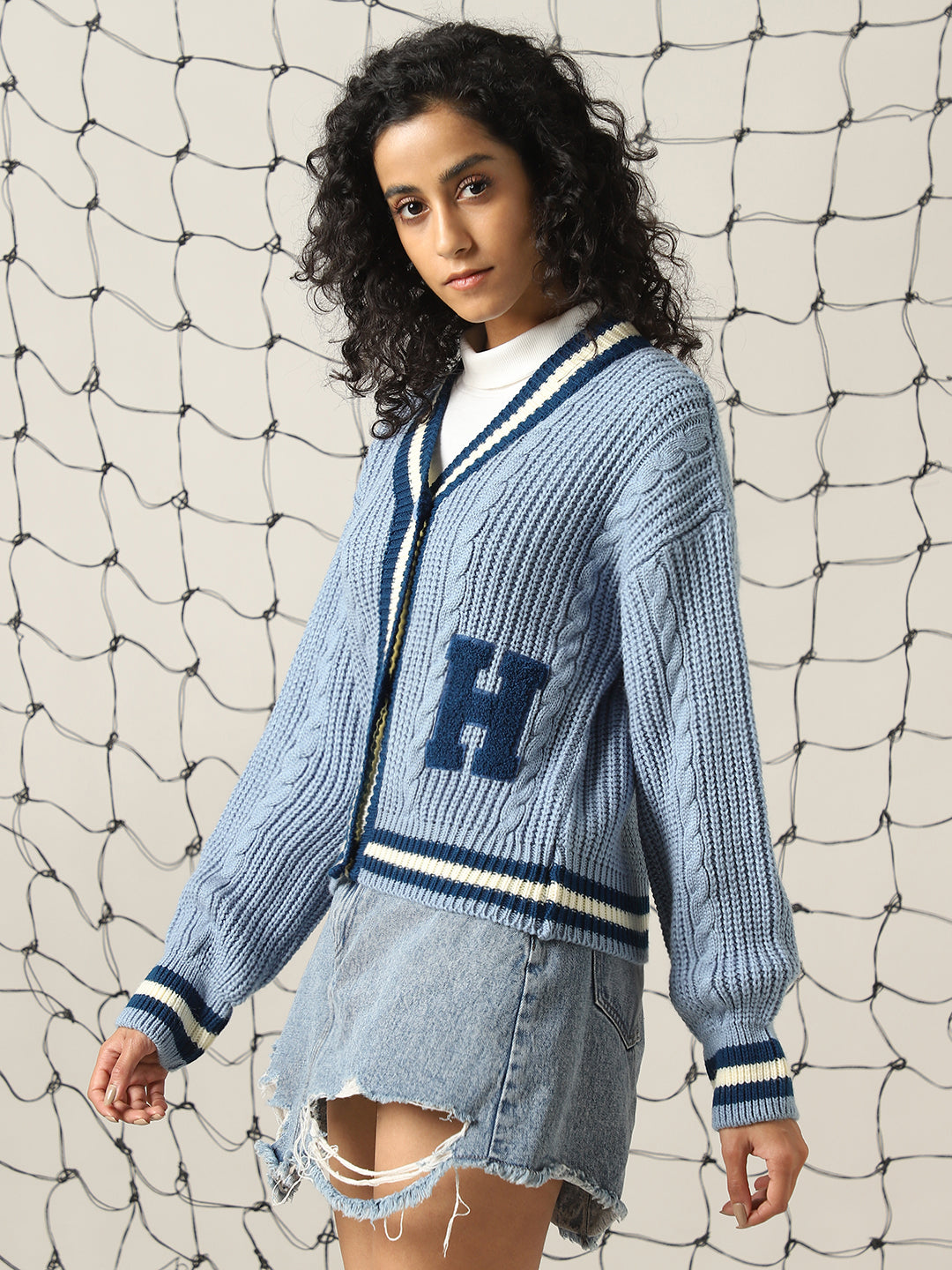 Hubberholme Women Varsity Boxy Fit Cable Knit Cardigan