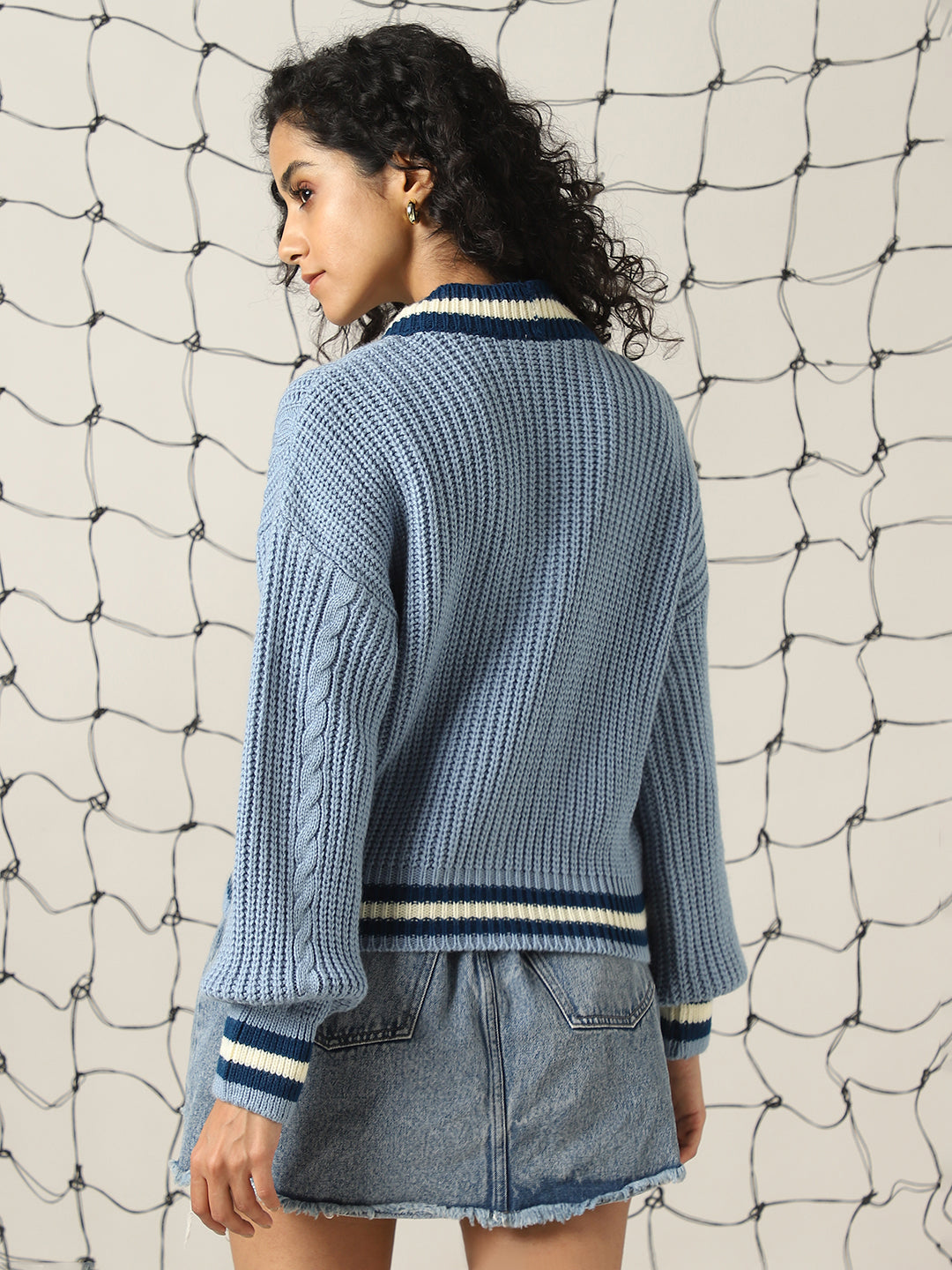 Hubberholme Women Varsity Boxy Fit Cable Knit Cardigan
