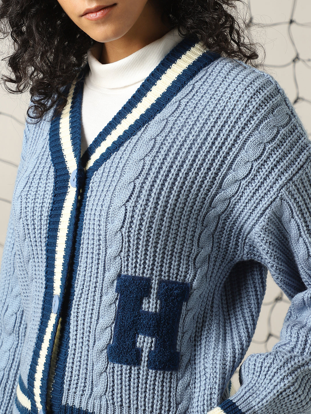 Hubberholme Women Varsity Boxy Fit Cable Knit Cardigan