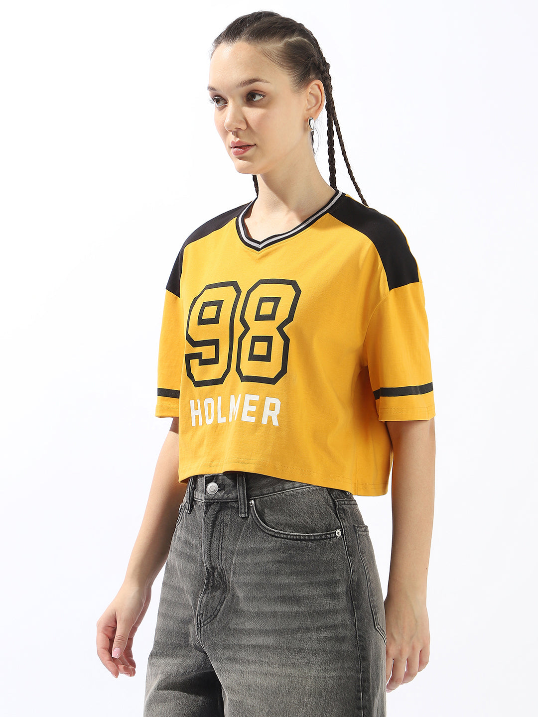 Hubberholme Typography Printed V-Neck Applique Boxy Cotton T-shirt