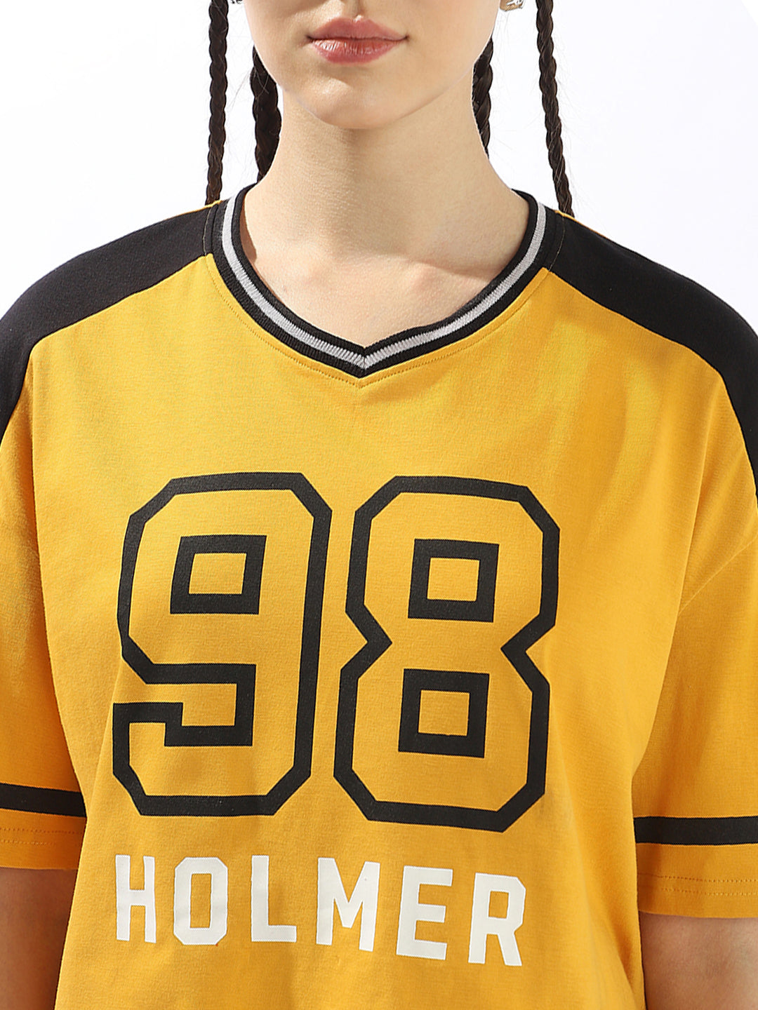 Hubberholme Typography Printed V-Neck Applique Boxy Cotton T-shirt