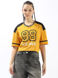 Hubberholme Typography Printed V-Neck Applique Boxy Cotton T-shirt