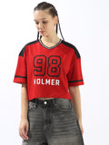 Hubberholme Typography Printed V-Neck Raw Edge Boxy Cotton T-shirt