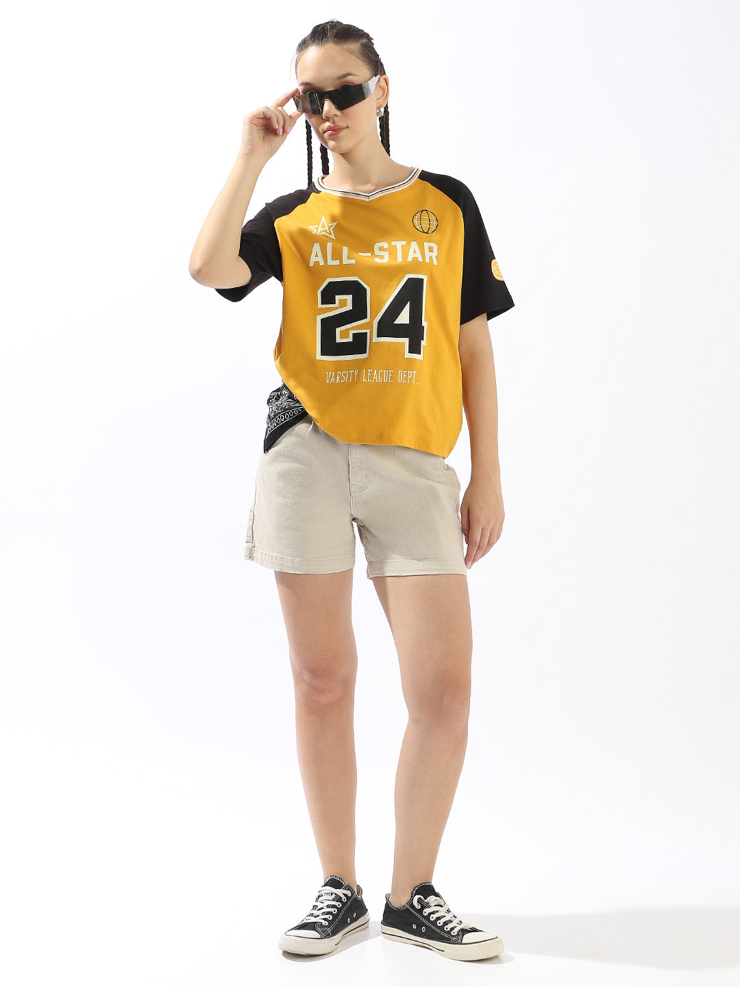 Hubberholme Typography Printed V-Neck Short Sleeves Boxy Cotton T-shirt