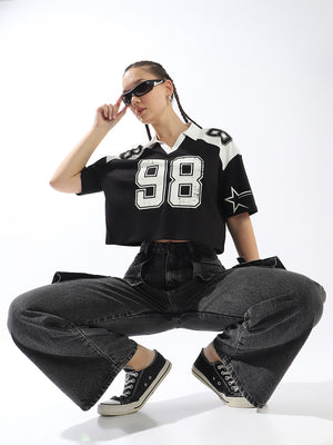 Hubberholme Varsity Printed Polo Collar Short Sleeves Boxy Cotton T-shirt