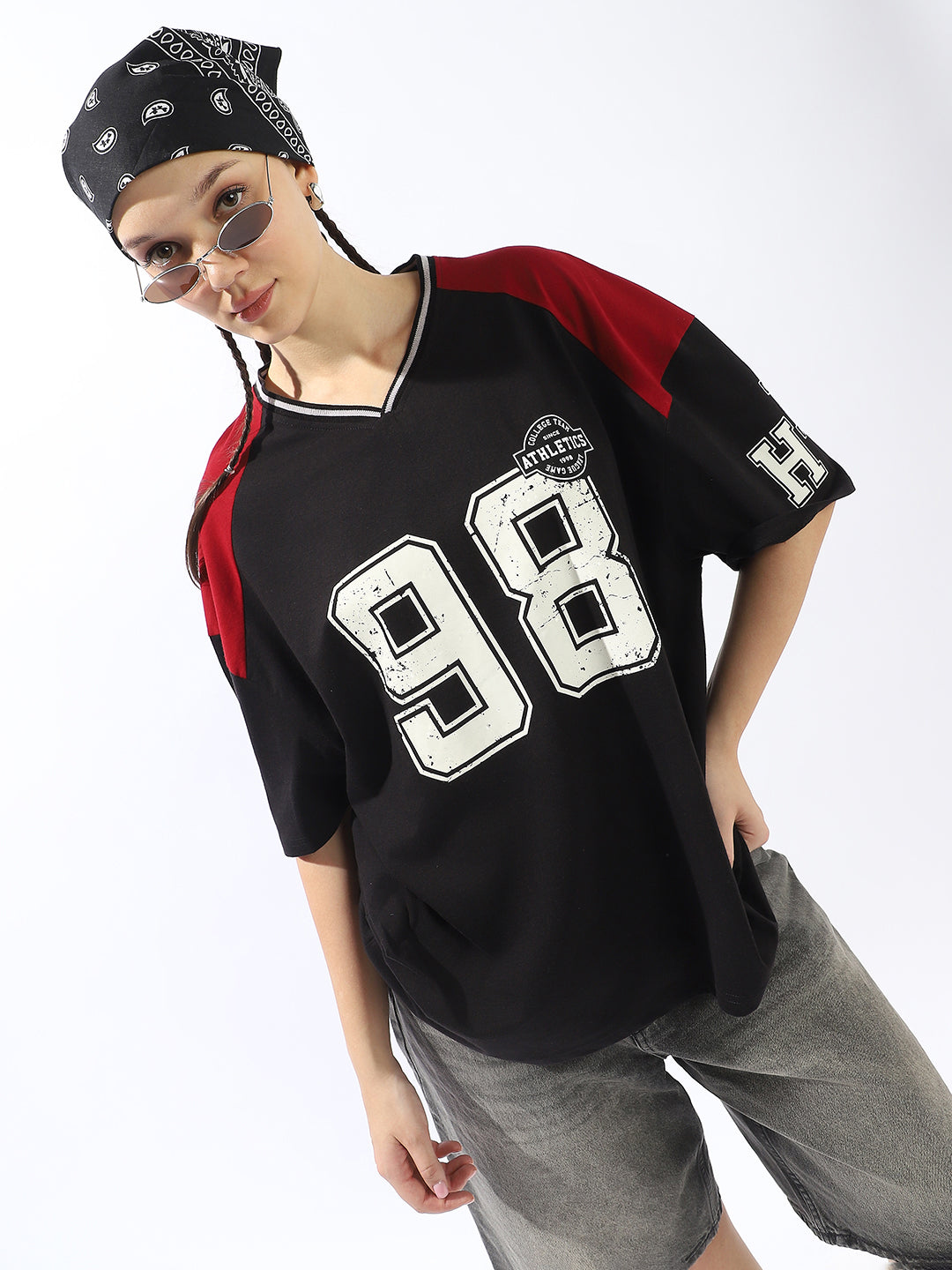Hubberholme Varsity Printed V-Neck Drop-Shoulder Sleeves Cotton T-shirt