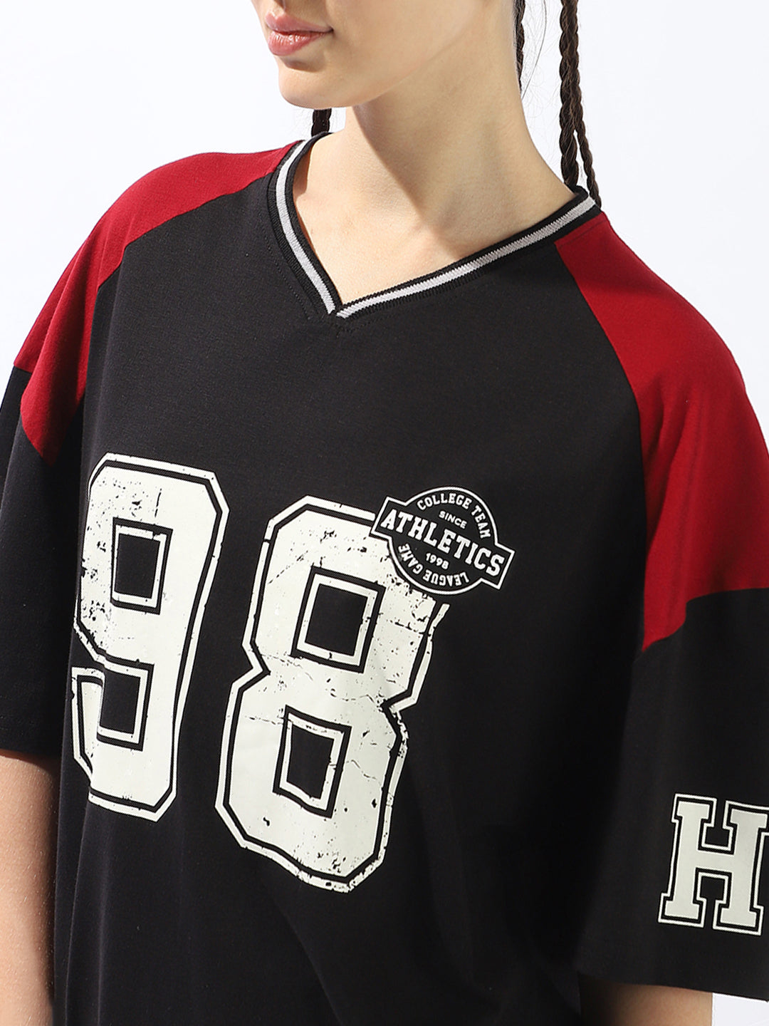 Hubberholme Varsity Printed V-Neck Drop-Shoulder Sleeves Cotton T-shirt