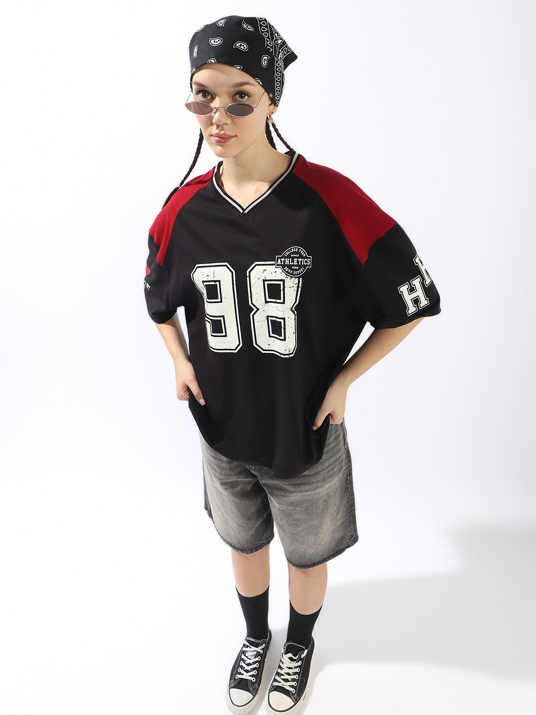 Hubberholme Varsity Printed V-Neck Drop-Shoulder Sleeves Cotton T-shirt