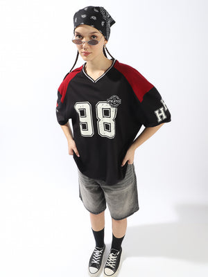 Hubberholme Varsity Printed V-Neck Drop-Shoulder Sleeves Cotton T-shirt