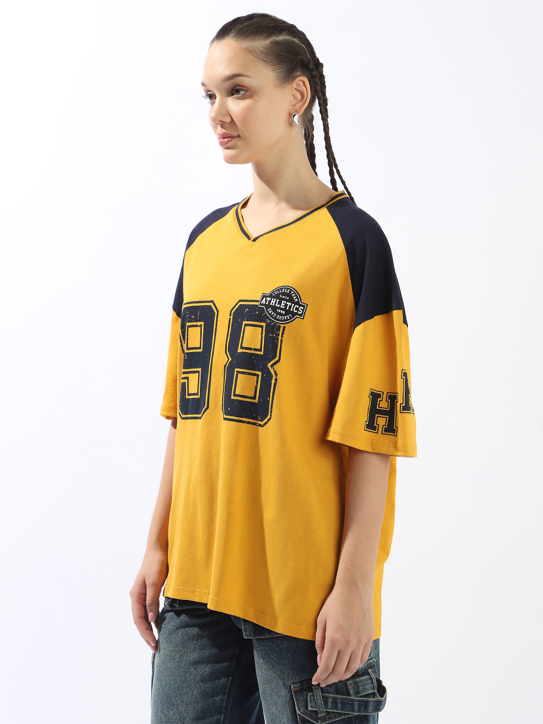 Hubberholme Varsity Printed V-Neck Short Sleeves Oversized Cotton T-shirt