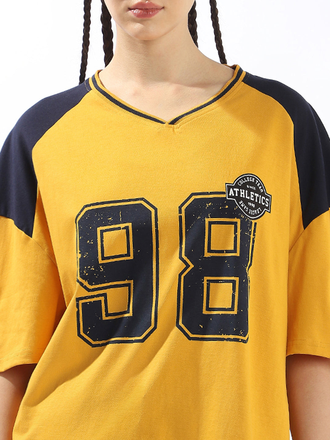 Hubberholme Varsity Printed V-Neck Short Sleeves Oversized Cotton T-shirt