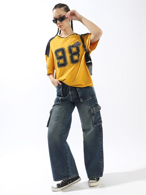 Hubberholme Varsity Printed V-Neck Short Sleeves Oversized Cotton T-shirt
