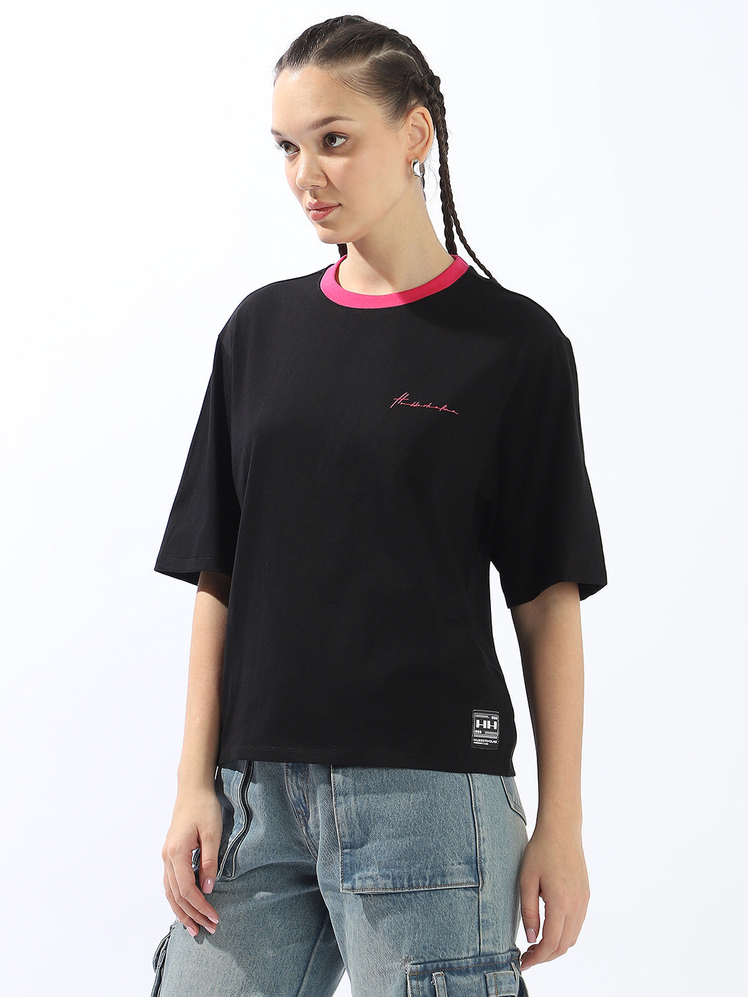 Hubberholme Solid Drop-Shoulder Sleeves Pockets Cotton T-shirt