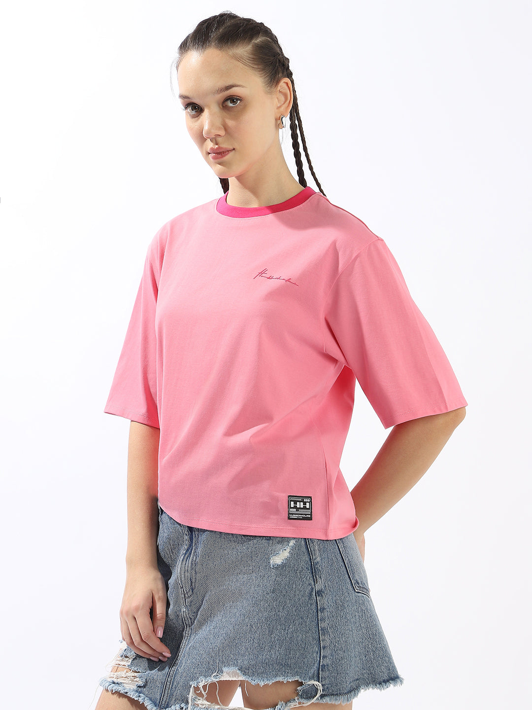 Hubberholme Solid Round Neck Short Sleeves Oversized Cotton T-shirt
