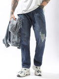 High Star Men Relaxed Straight Fit Mid-Rise Light Fade Distress Knee Cotton Jeans