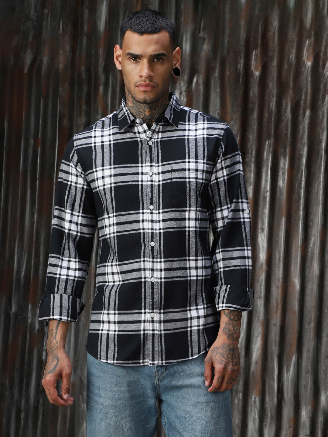 Men Check Cotton Regular Fit  Collar Long Sleeve Shirts